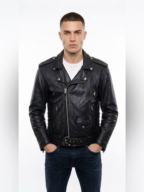 ELLAVIA BLACK LEATHER MOTORCYCLE JACKET ZIPPER DETAIL MEN XL